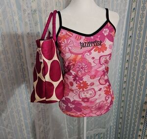 Jazzercise Vintage Y2K Floral Workout Cami Tank Top & Tote Bag COMBO